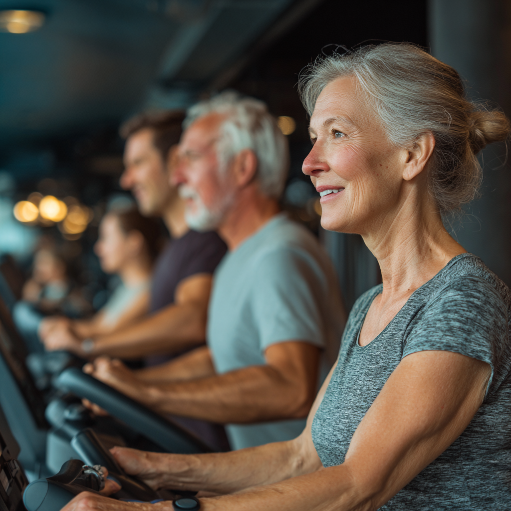 Mature adults engaged in group fitness session with professional equipment