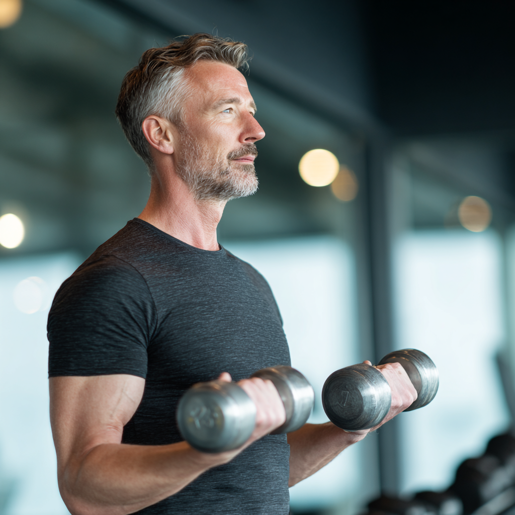 Middle-aged person exercising with dumbbells in modern fitness environment