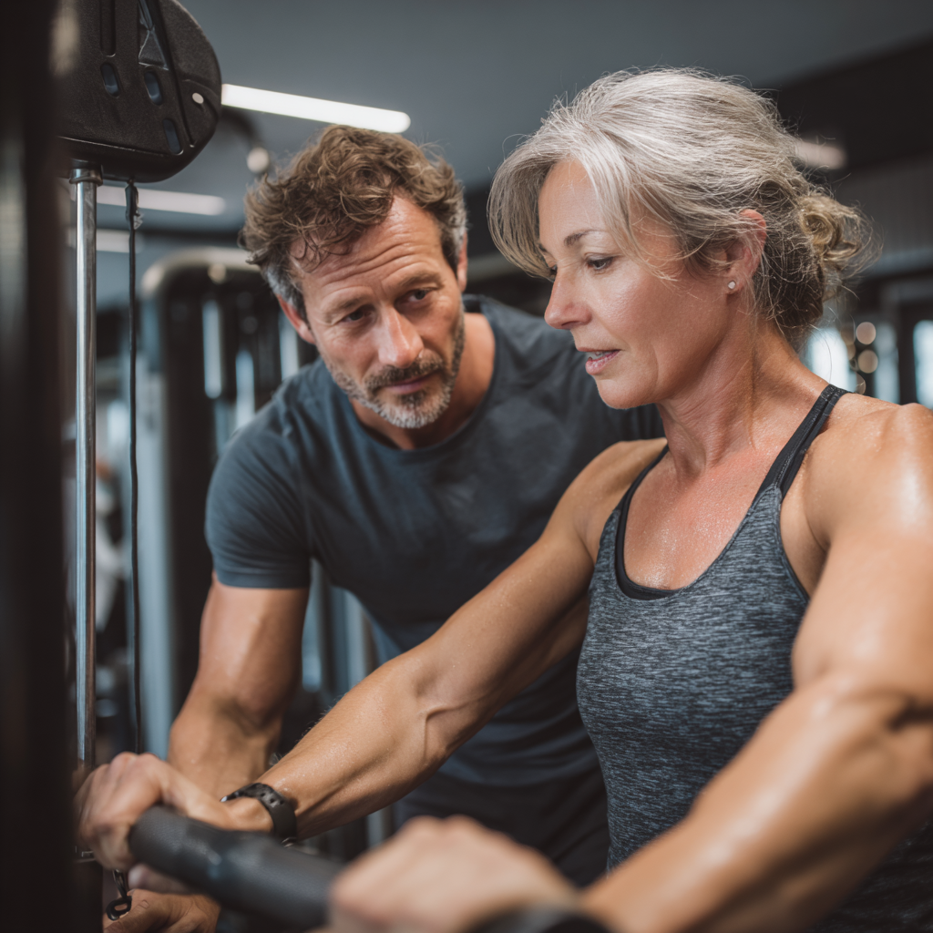 Professional fitness trainer working with mature adult client using modern equipment